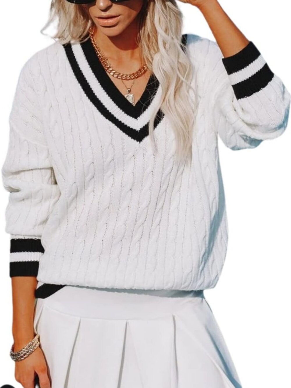 Trendy Striped V-Neck Long Sleeve Pullover Sweater | Casual Cable Knit Top